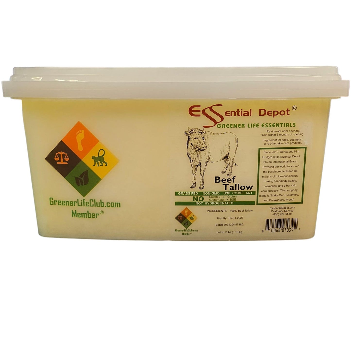 Beef Tallow - 7 lbs - Grass Fed - Non-GMO - Food Grade - Free from Lactose-Gluten-Glutamate-BSE - microwavable PP container, loc