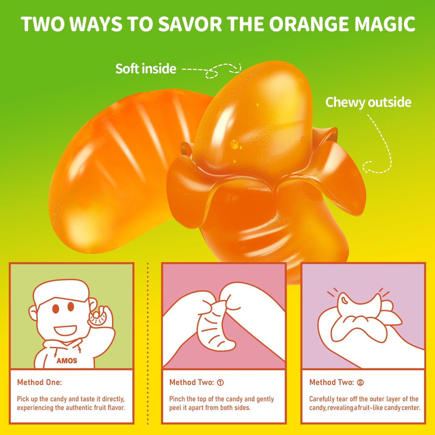 Amos 4D Gummy Peelable Orange Candy, Peelerz Gummy Orange, Fruit Snacks Resealable 2.19Oz Bag Valentine'S Day Gift Candy