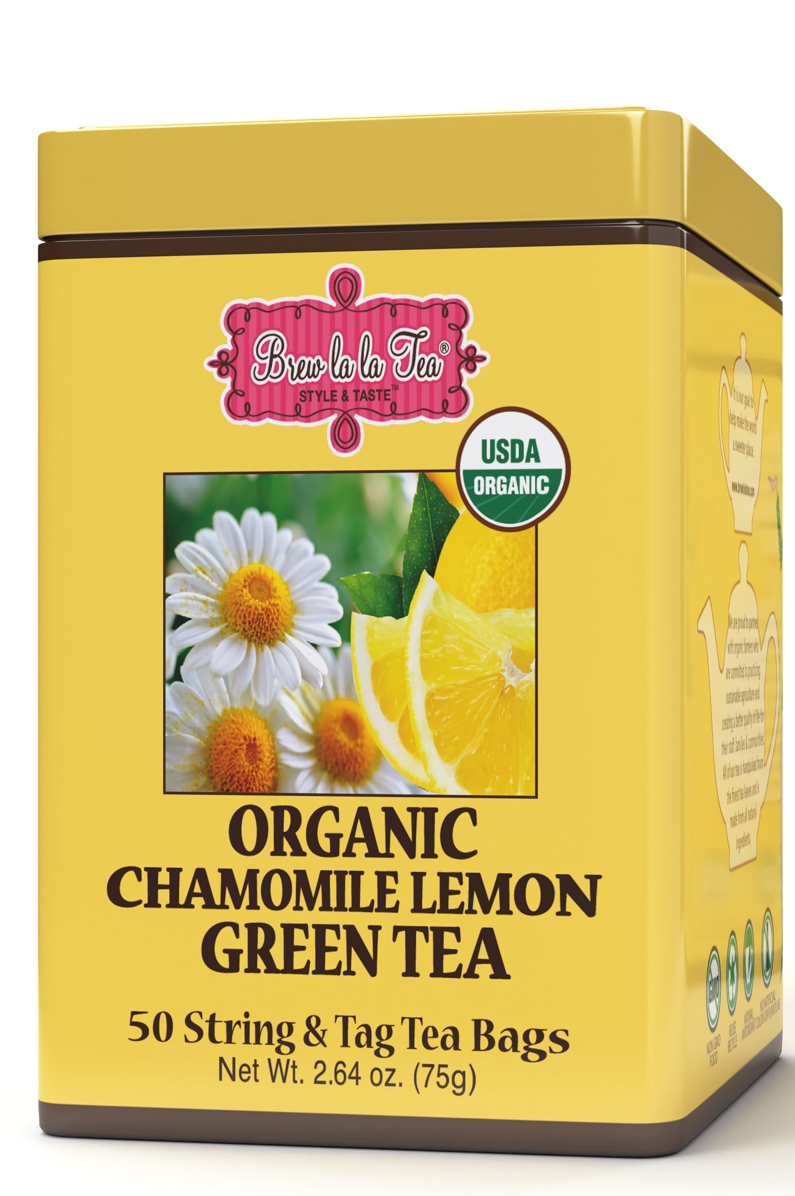 Brew La La Organic Green Tea - Chamomile Lemon Flavor - 50 Double Chambered Tea Bags - Low Caffeine - USDA Organic - Non-GMO - Gluten Free