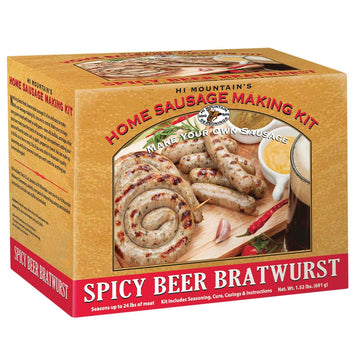 Hi Mountain Spicy Beer Bratwurst Sausage Making Kit - Includes Seasoning, Cure, Hog Casings - 24.32 oz