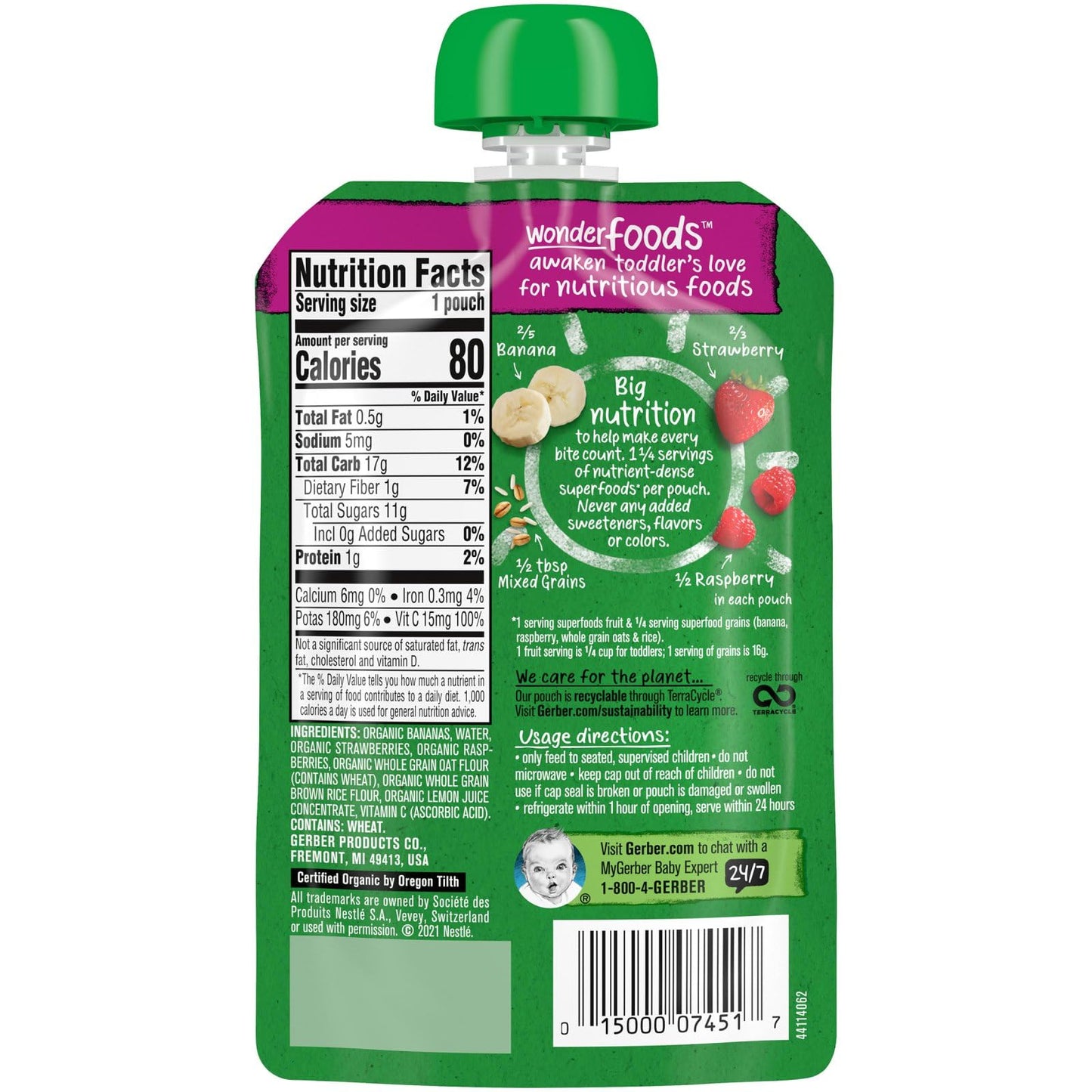 Gerber Organic Baby Food Pouches, Toddler, Wonderfoods, Banana Red Berries Granola, 3.5 Ounce