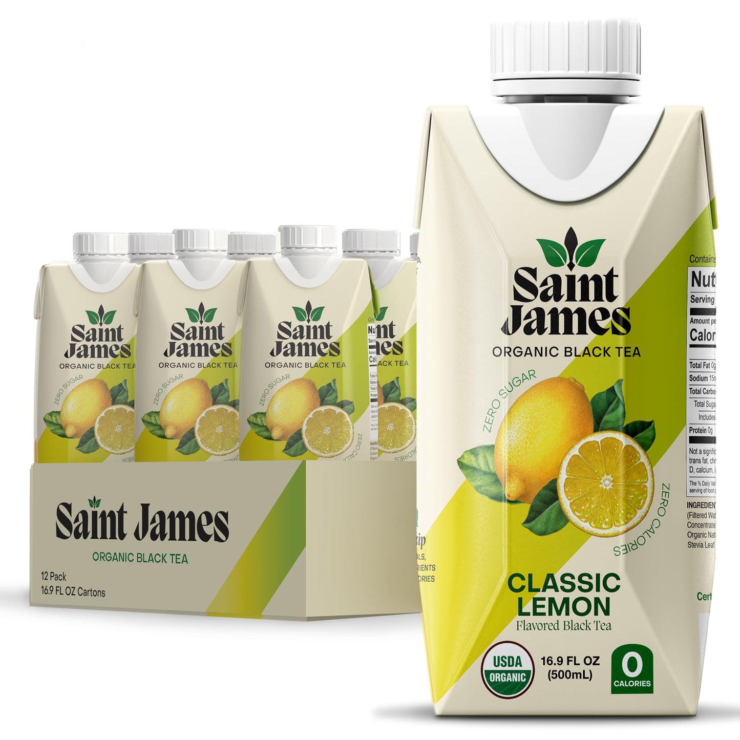 Saint James Iced Tea - Organic Black Tea - Non-GMO, Gluten Free, Zero Calorie, Zero Sugar - Classic Lemon, 12 Pack (16 fl oz eac