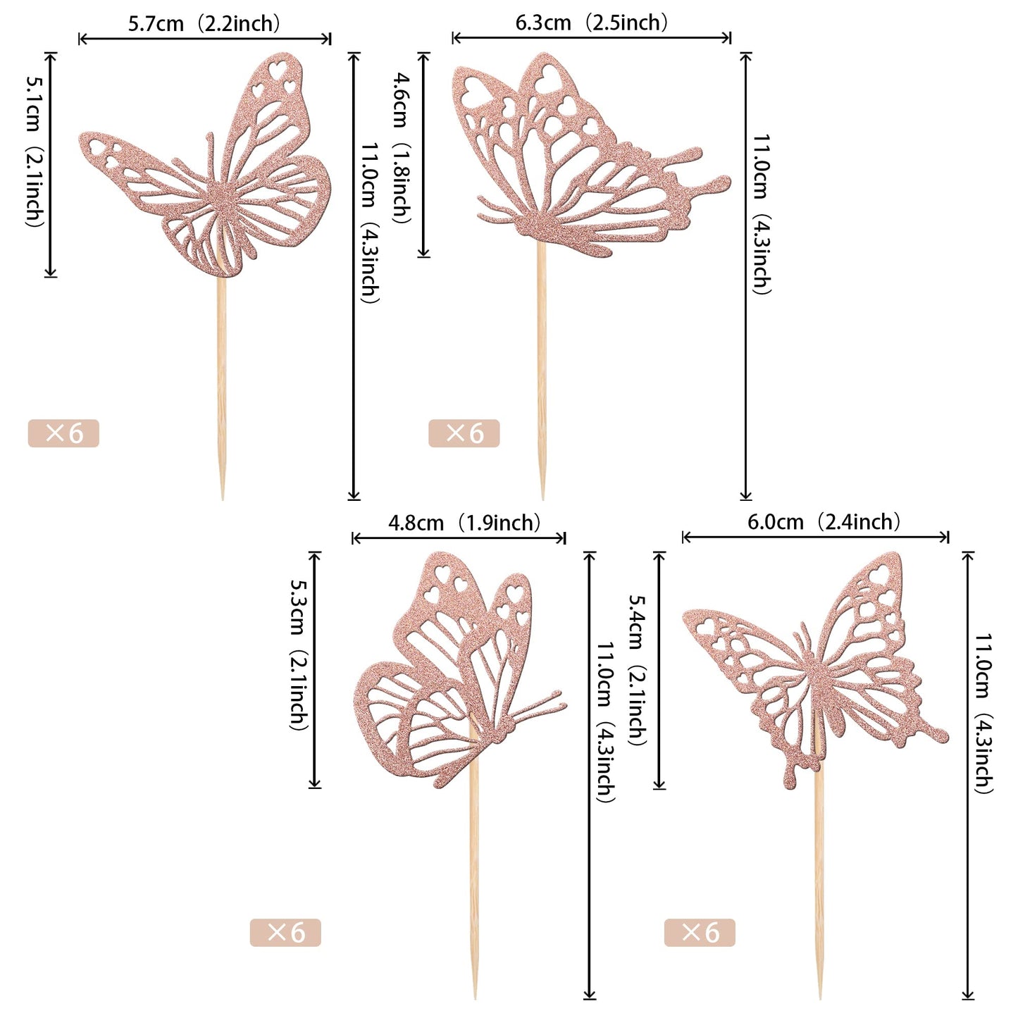 Rssta i Butterfly Cupcake Toppers, 24 Pack, Glitter, Paper, Rose Gold, Model XM248