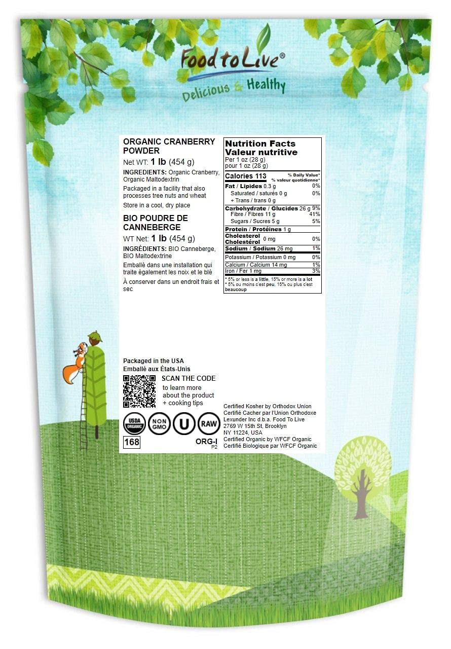 Food To Live Organic Cranberry Powder, 1 Pound - Non-Gmo, Unsulfured, Raw, Dried Fruit, Vegan, Bulk, Great For Juices, Smoothies, Yogurts, & Breakfast Drinks, Contains Maltodextrin, No Sulphites