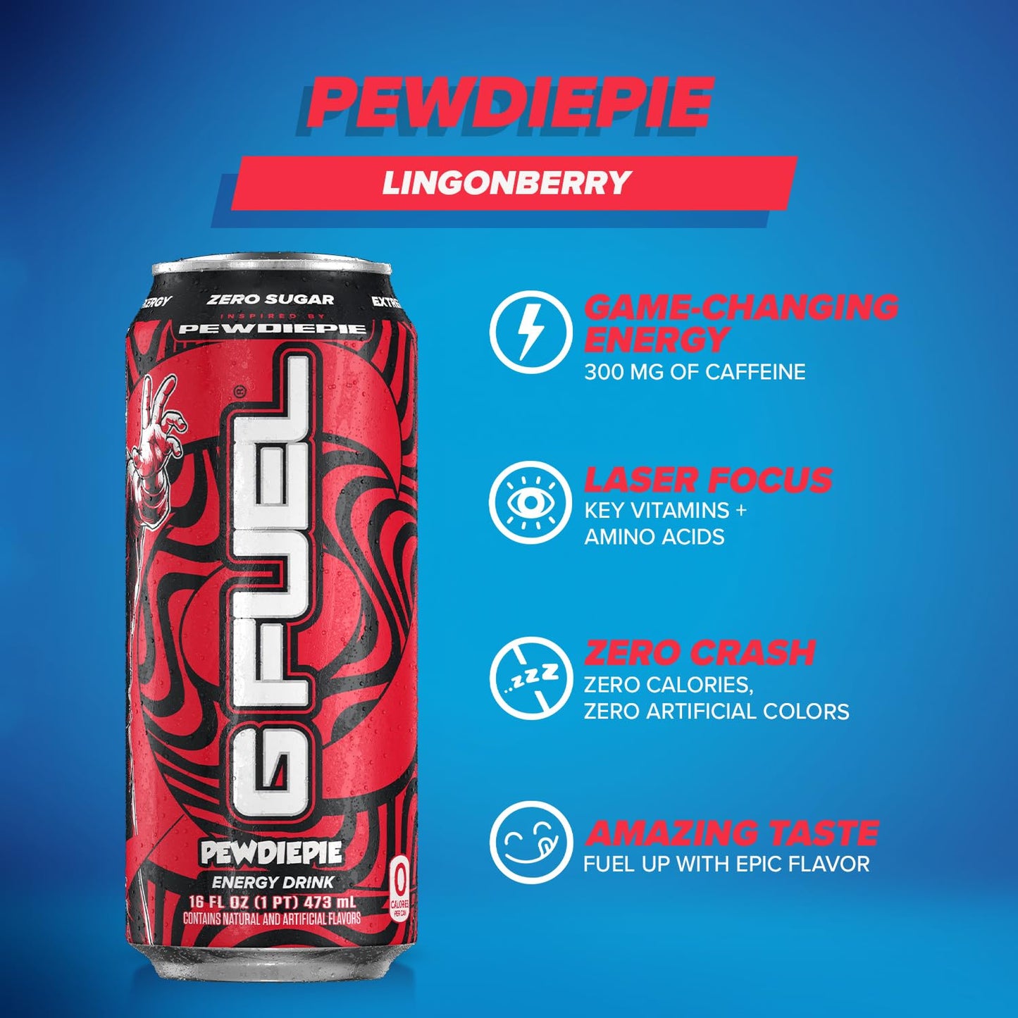 G Fuel PewDiePie Energy Drink 16 oz Can, 12-Pack Case, Red