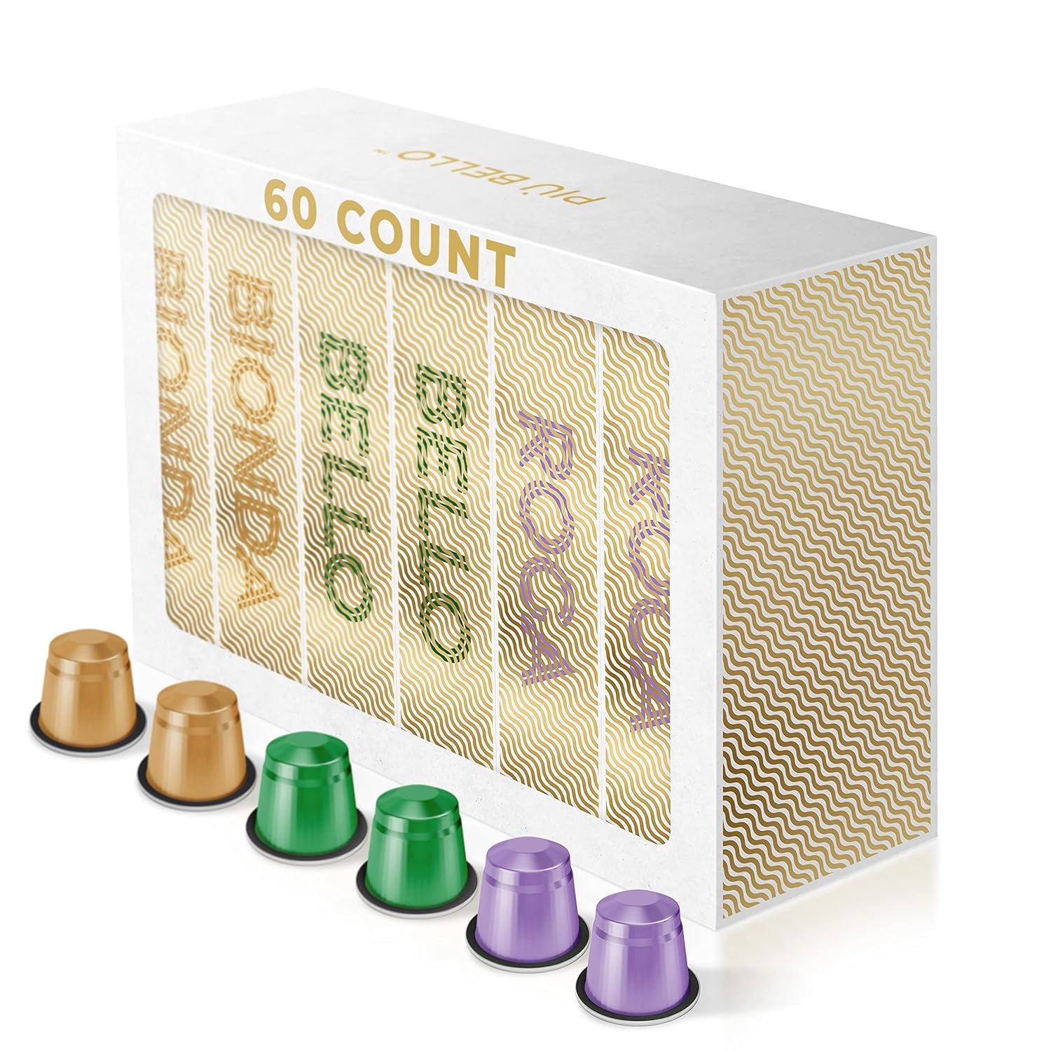 Piu Bello Coffee Pods Variety Pack - Nespresso Machine (Oriflavor Blendal) Compatible Units - 3 Light Flavors Of Chocolate  Nuts  Sweet Caramel - Rich & Balanced Taste  Kosher (3 Flavor Multipack 60 Count)