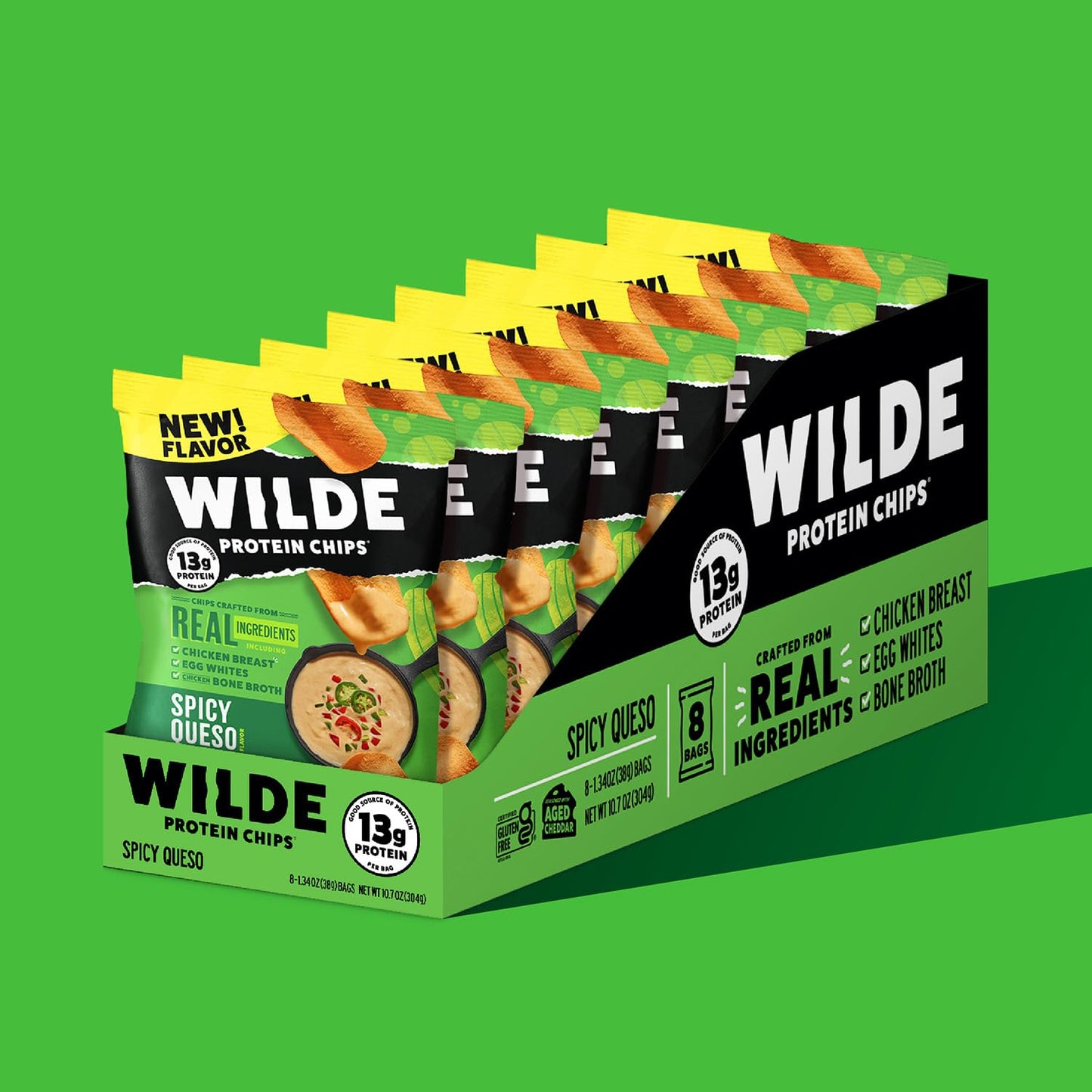Wilde Spicy Queso Protein Chips, Thin And Crispy, High Protein, Keto Friendly, Made With Real Ingredients, 1.34Oz Bags (Pack Of