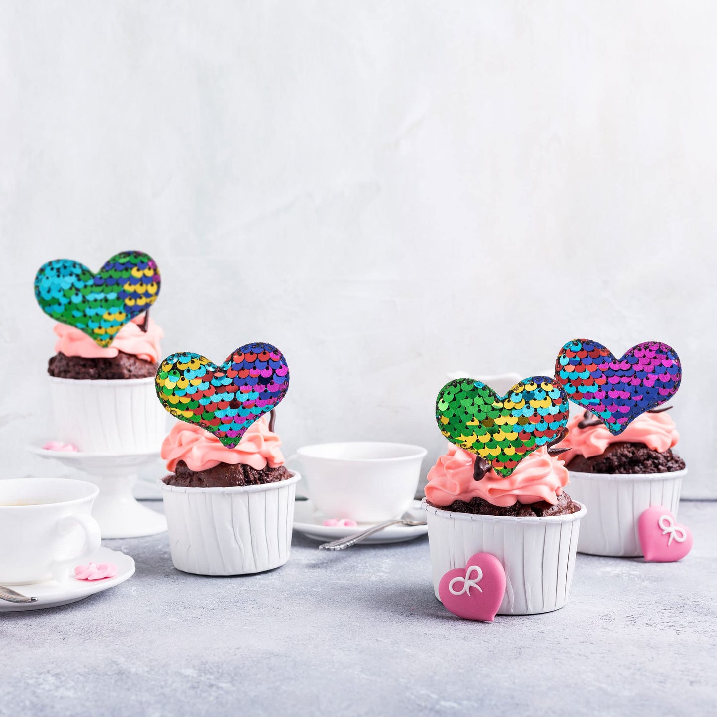 24Pcs Love Heart Cupcake Toppers Sequin Heart Multi Valentines Day Cupcake Picks Decorations For Valentine'S Day Theme Wedding E