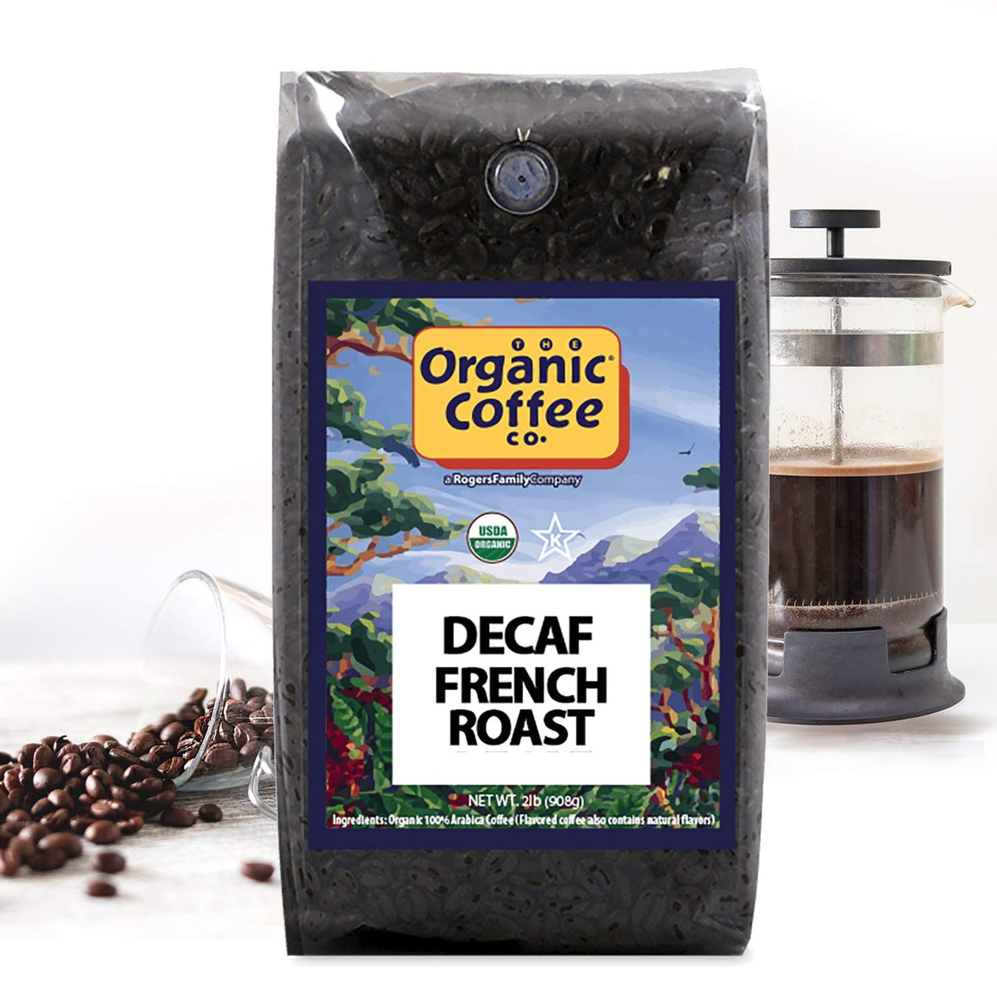 THE ORGANIC COFFEE CO. DECAF French Roast Whole Bean Coffee - Dark Roast, 2lb Bag, Swiss Water Processed, Coffee Flavor
