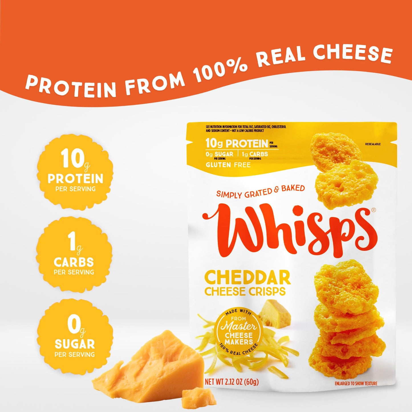 Whisps Cheddar Cheese Crisps | Gluten Free Protein Chips | 2.12 Oz, 6 Pack