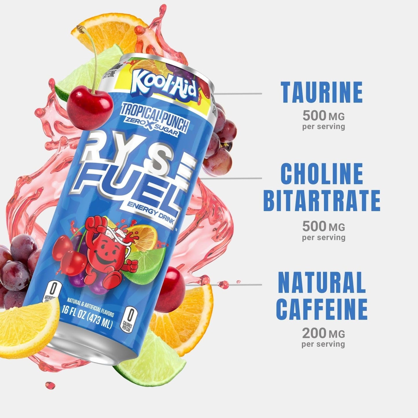 RYSE Fuel Energy Drink - Sugar Free & Vegan - 200mg Caffeine - Tropical Punch - 16 Fl Oz Cans (12-Pack)
