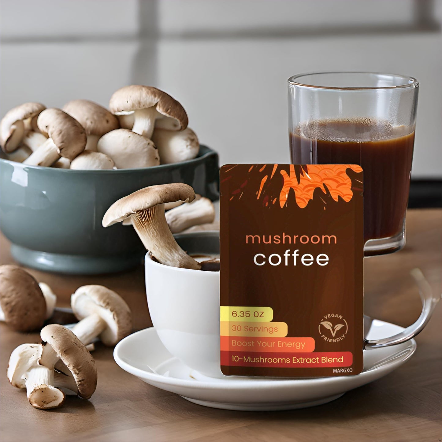 Margxo Mushroom Coffee, 6.35 Oz, 30 Servings, 10-Mushrooms Extract Blend, Boost Your Energy, Contains Coconut Milk
