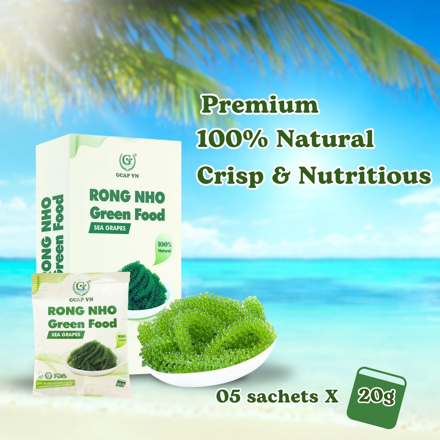 Gcap Sea Grapes - Dehydrated Umibudo Seaweed | Vegan Green Caviar Superfood From Vietnam | Immune & Skin Support | 100G X 5 Pack