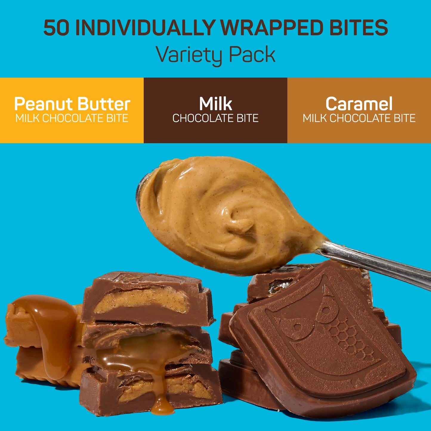 AWAKE Caffeinated Chocolate Bites - Variety Pack (50mg Caffeine) - 50 Count - Gluten Free, Non GMO - Peanut Butter, Milk, & Caramel