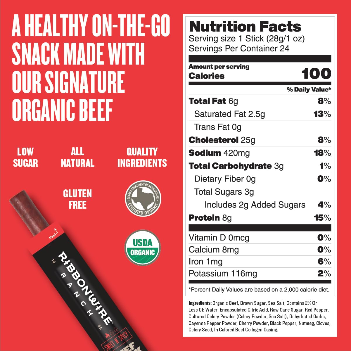 Ribbonwire Ranch Beef Sticks, Made With Organic Beef, Pasture Raised, High Protein Snack, Healthy, Low Carb, Keto Friendly, Glut