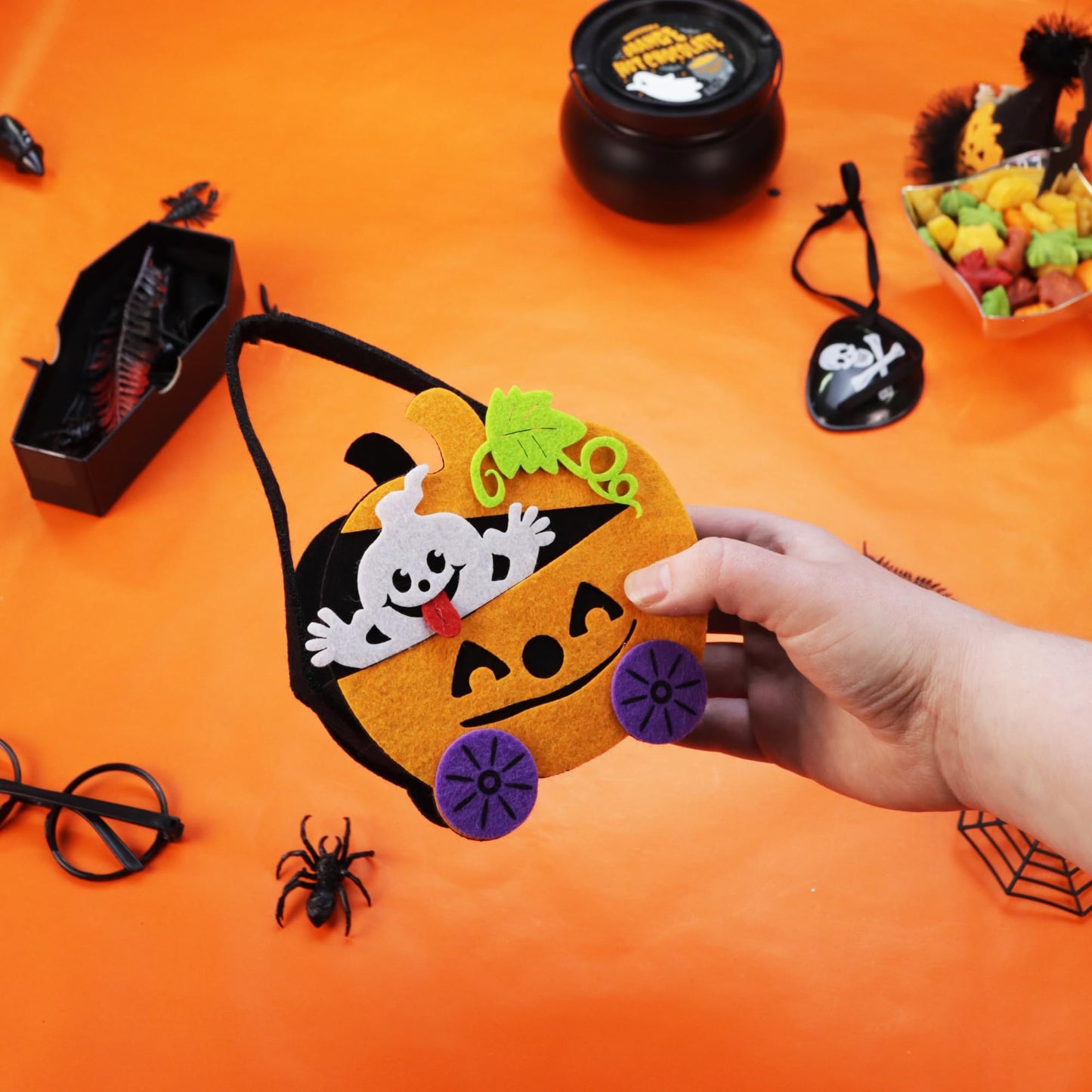 Needzo Peeps Ghosts and Pumpkins Marshmallows with Felt Trick or Treat Tote, Halloween Candy Filled Goodie Bag, 4 Items