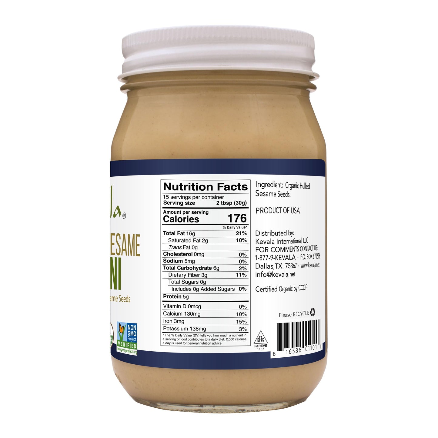 Kevala Organic Sesame Tahini - Vegan Tahini Butter, Kosher Tahini Paste, Made With Premium Sesame Seeds, Tahini For Hummus, Keto Snacks, 16 Oz, 5Pack