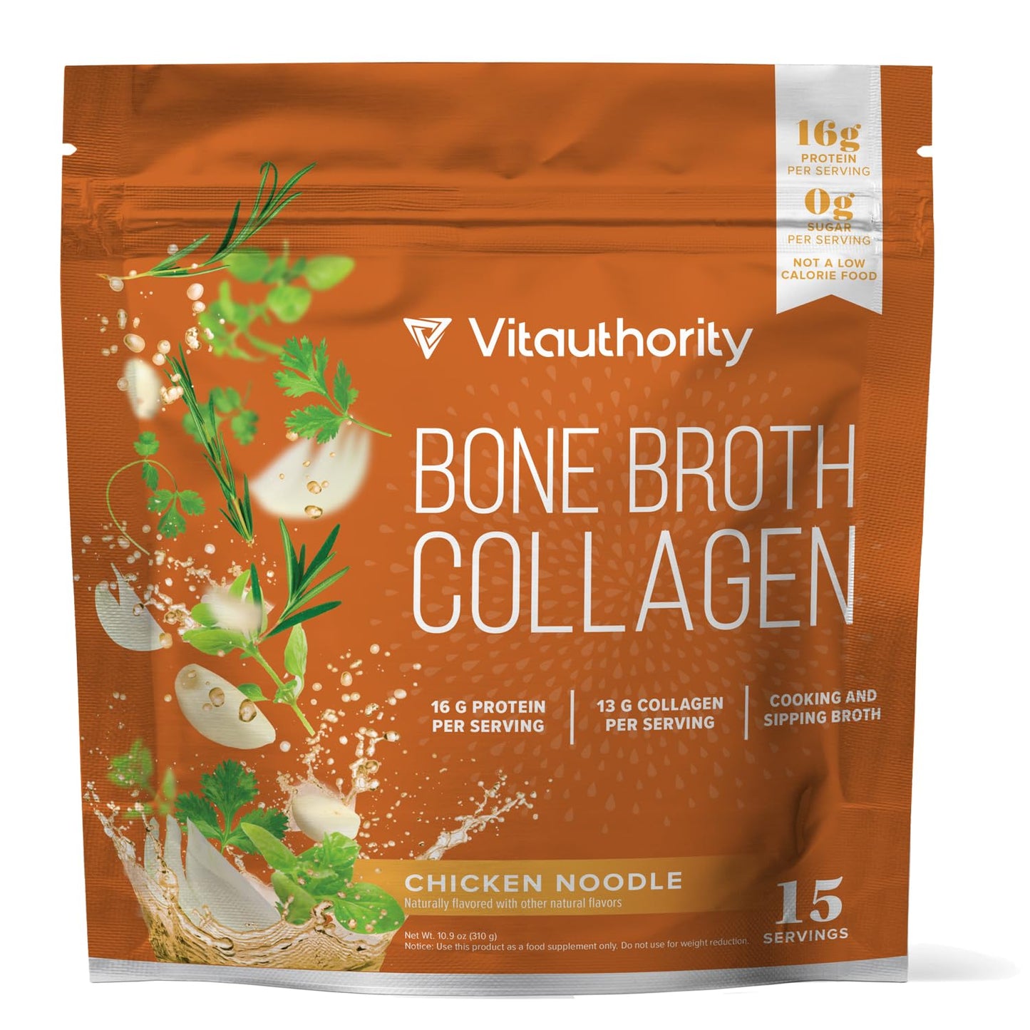 Vitauthority Bone Broth Collagen Chicken Noodle Flavor - 15 Servings - 16g Protein, Types I, II, III
