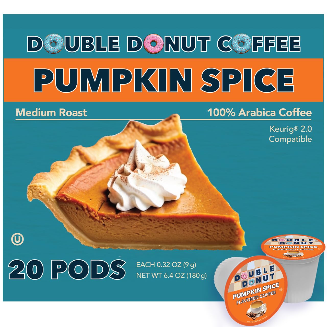 Double Donut Coffee Pumpkin Spice Medium Roast Coffee Pods, 20 Count, Compatible with Keurig K Cups