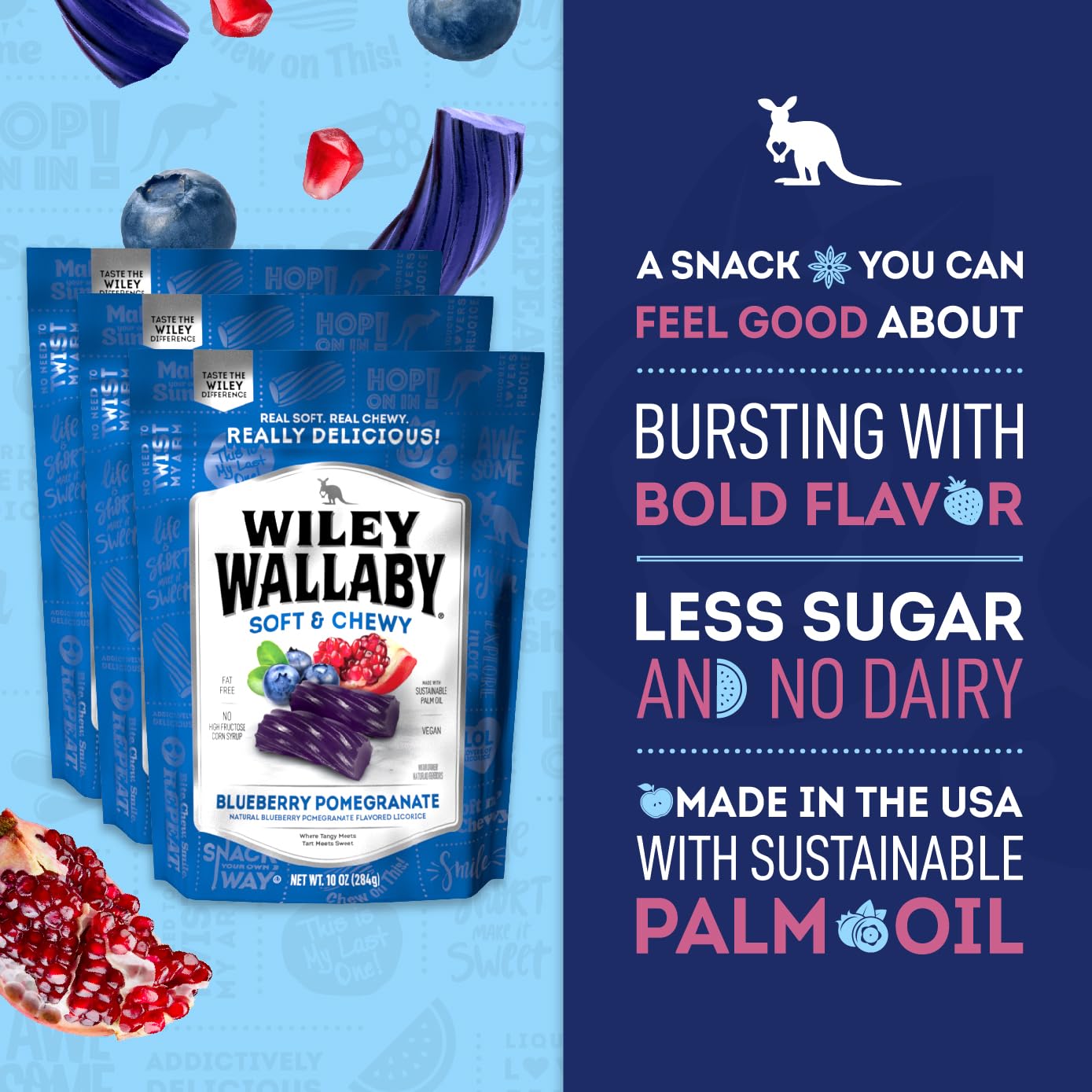 Wiley Wallaby Licorice 10 Ounce Classic Gourmet Soft & Chewy Australian Blueberry Pomegranate Candy Twists, 3 Pack