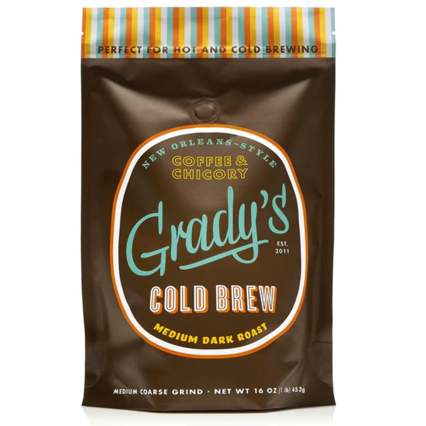 Gradys Cold Brew New Orleans Style Coffee, 100% Arabica Medium Dark Roast, Ground for Hot Coffee & Cold Brew, 16 Ounce Bag