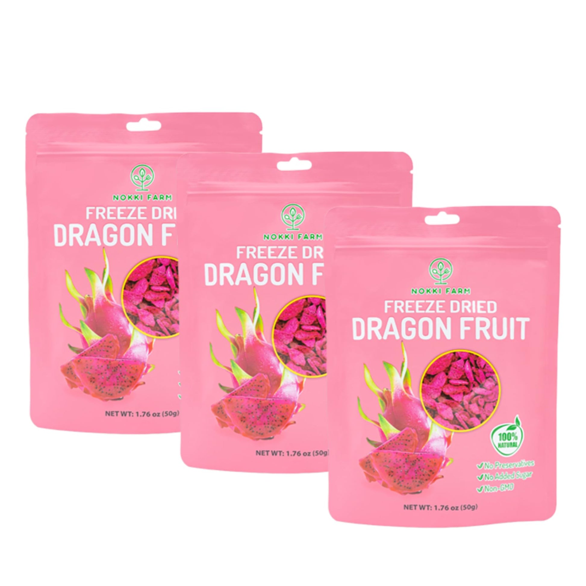 NOKKI FARM Freeze-dried Dragon Fruit, 100% Natural, Vegan, Non-GMO, 50g (Pack of 3)