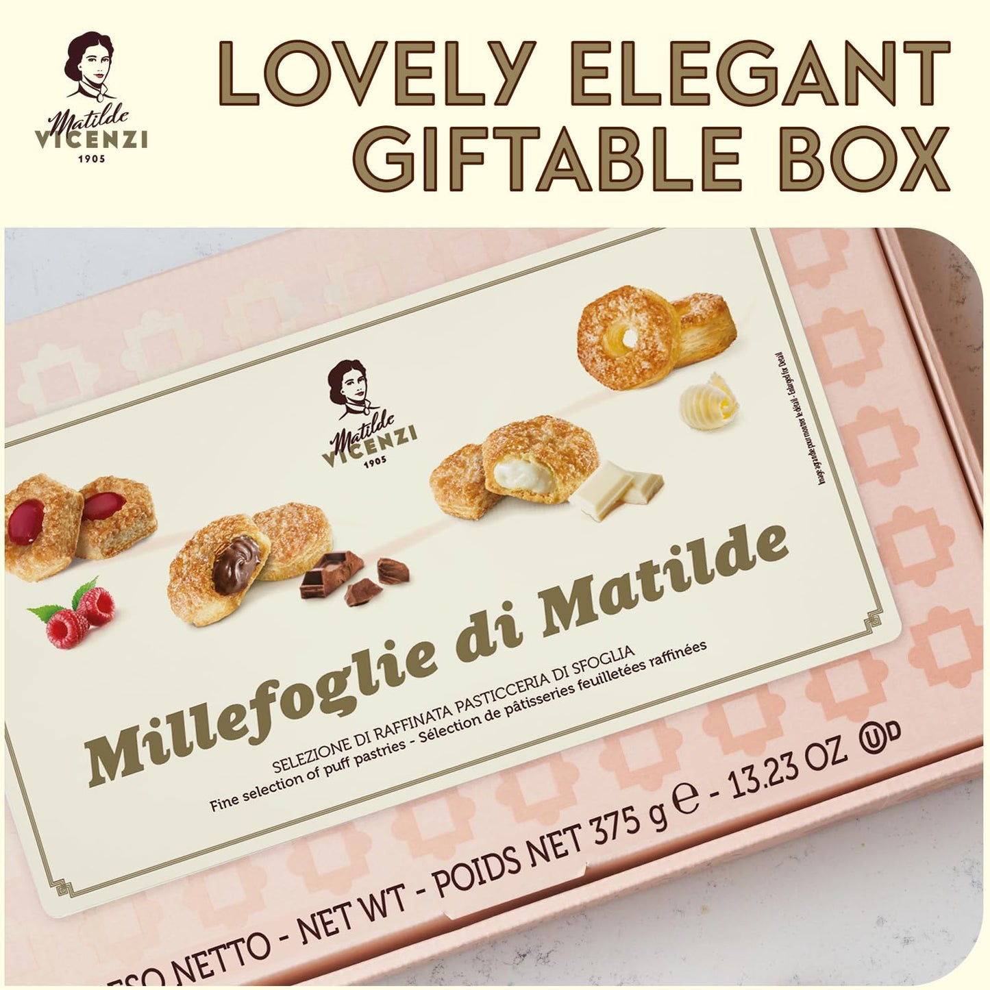 Millefoglie D'Italia Fine Selection Of Italian Puff Pastries, Assortment Of Vanilla, Chocolate, Butter & Raspberry Cookies For F