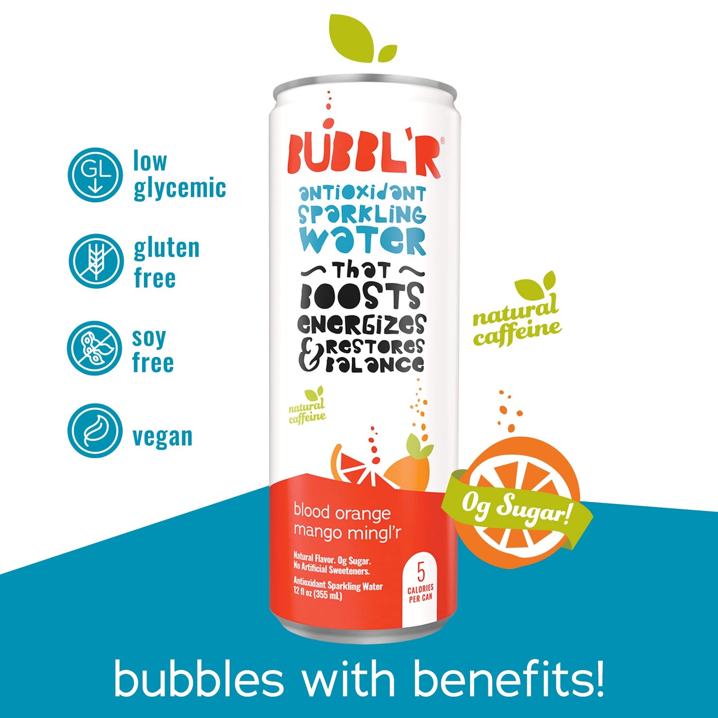 Bubblr Antioxidant Sparkling Water, Blood Orange Mango, 12 Fl Oz Cans, 12 Count, 0g Sugar, Gluten Free, All Natural Flavors