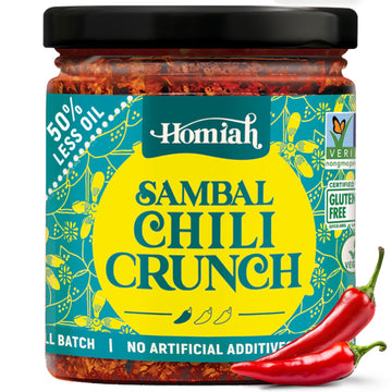 Homiah Sambal Chili Crunch, 6Oz - Less Oil Low Sodium Gluten Free Vegan, Sambal Oelek Chili Paste, Crispy Chili Crunch Topping W