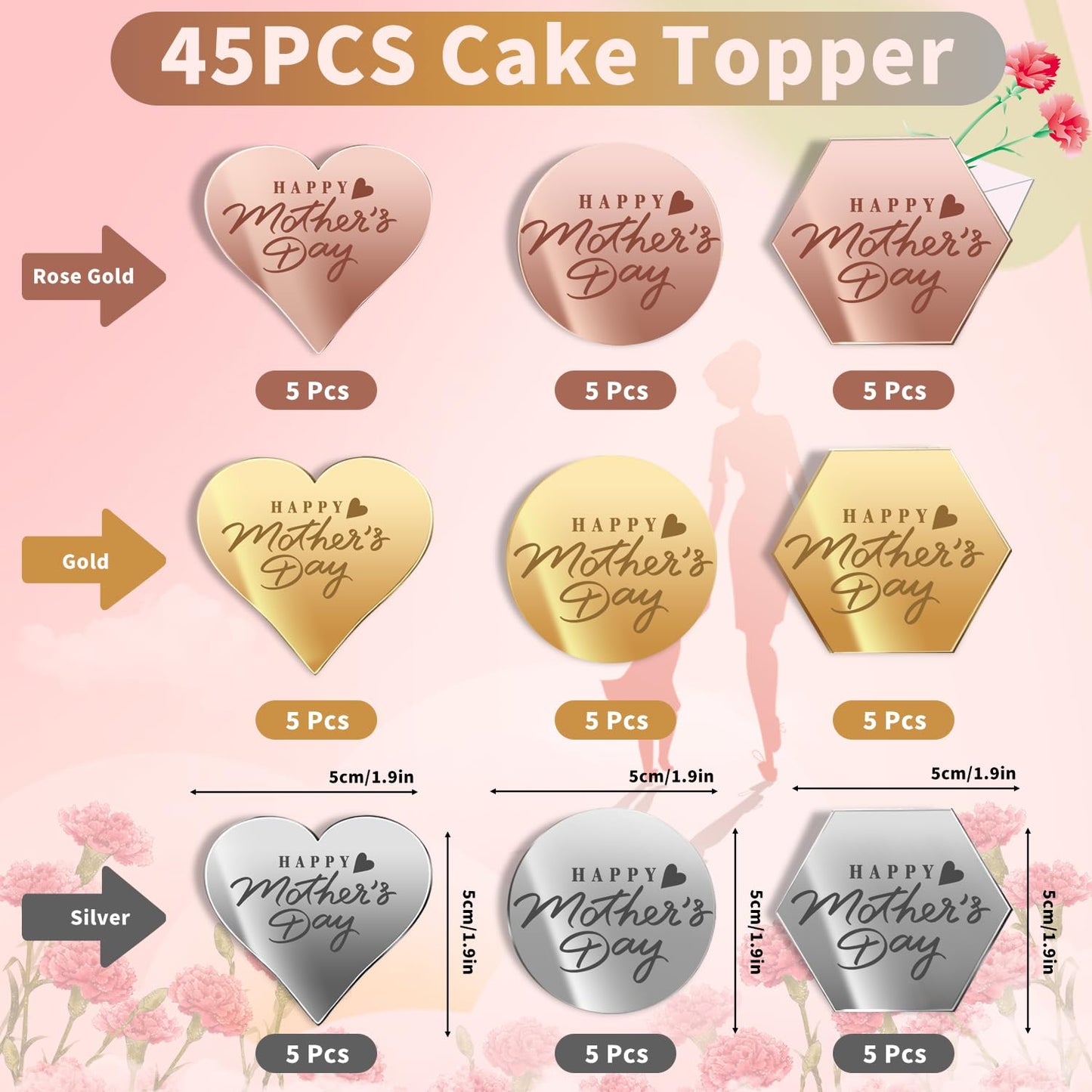 Ansee 45PCS Cake Toppers - Mirror Acrylic Cupcake Picks, Multi-shape, Gold, Silver, Rose Gold for Birthdays, Anniversaries, Pastries