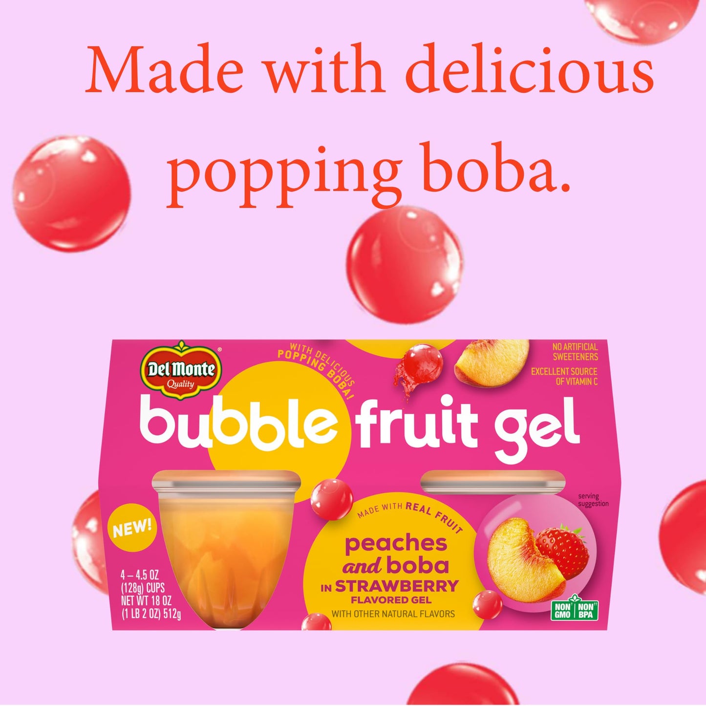 Del Monte Bubble Fruit Gel Peaches and Boba in Strawberry Flavored Gel, 4.5oz (24 Count) | Real Fruit & Popping Boba Pearls, Lun