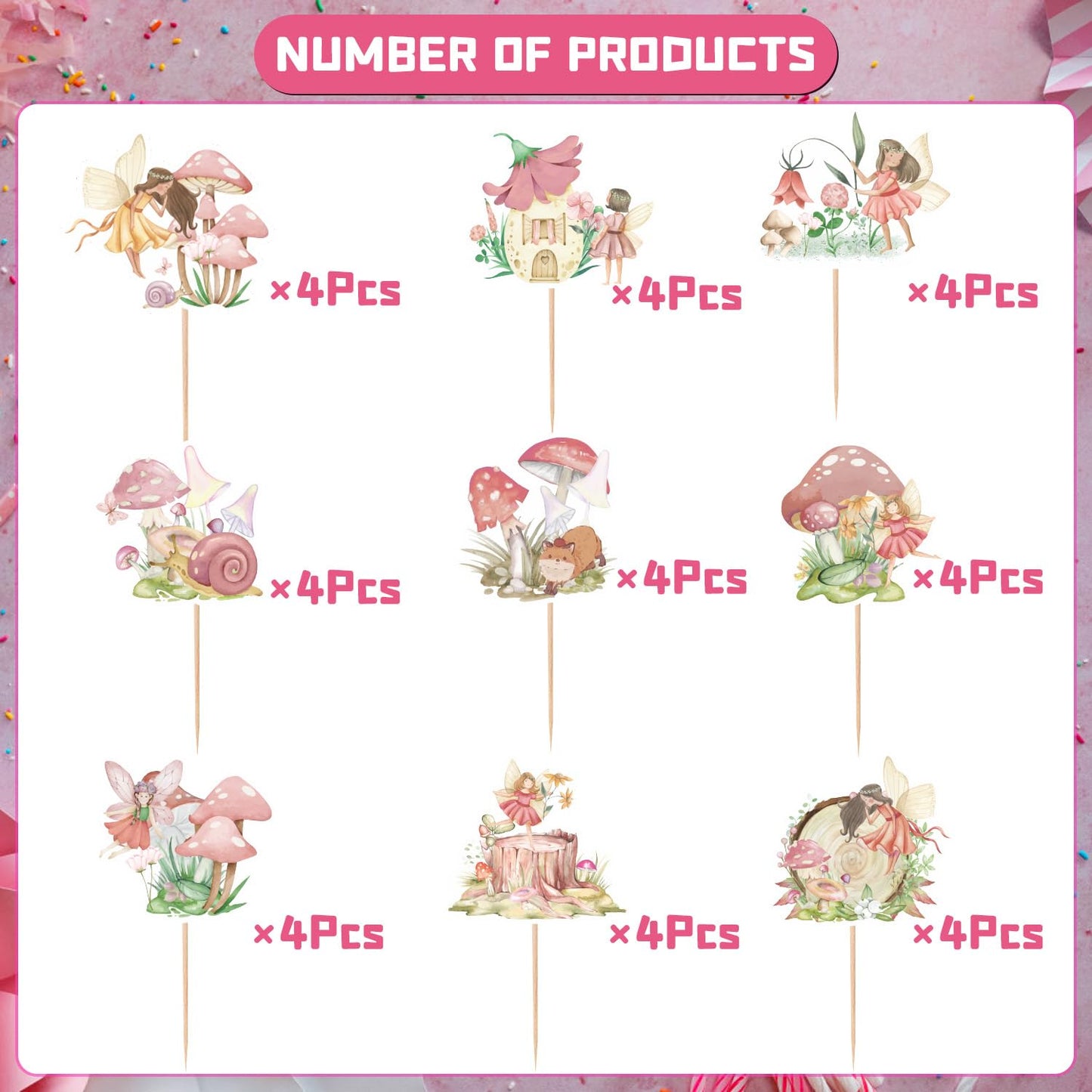 Rngmsi Fairy Cupcake Toppers - 36Pcs Fairy Birthday Party Decorations Chic Flower Fairy Baby Shower Party Cupcake Topper Decorat