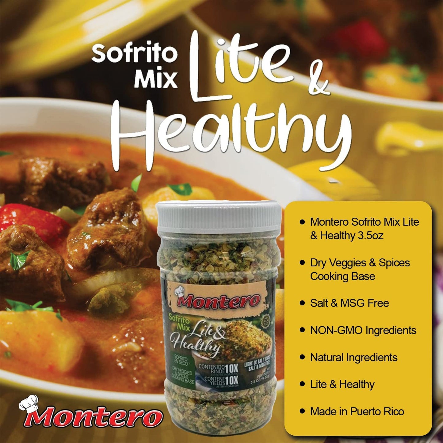 Montero Sofrito Mix 3.5oz - Salt & MSG Free Dry Veggies & Spices Cooking Base - Natural Ingredients - Lite & Healthy