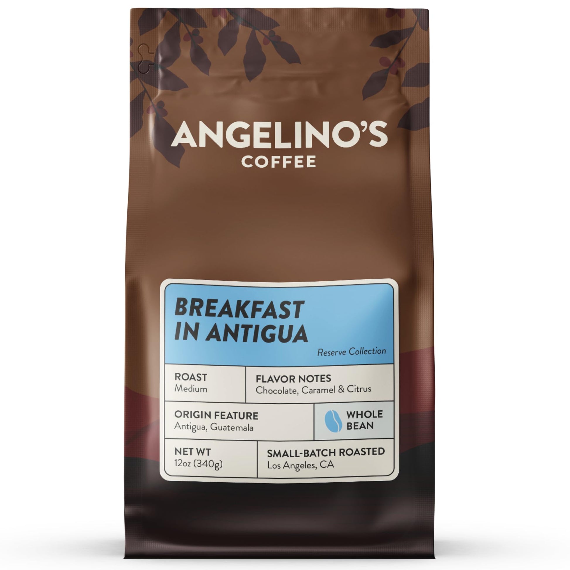 Angelinos Coffee Breakfast Blend, Medium Roast, 12oz Whole Bean, Guatemalan Coffee with Chocolate & Caramel Notes