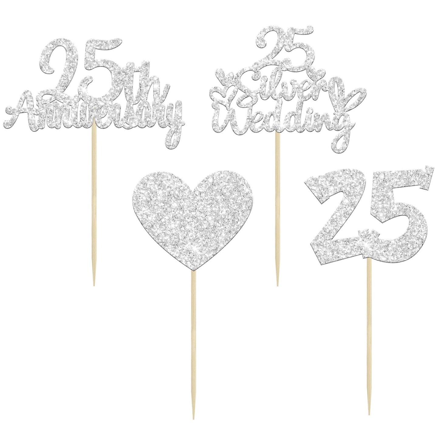 Gyufise 24Pcs 25Th Anniversary Cupcake Toppers Silver 25Th Wedding Anniversary Heart Cake Decorations For 25 Silver Wedding Cele