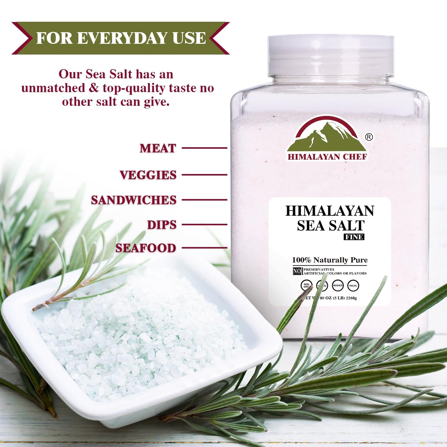 Himalayan Chef Sea Salt Fine Grain, 5 lbs | Rich Minerals, 100% Natural and Unrefined Sea Salt Fine Organic Minerals