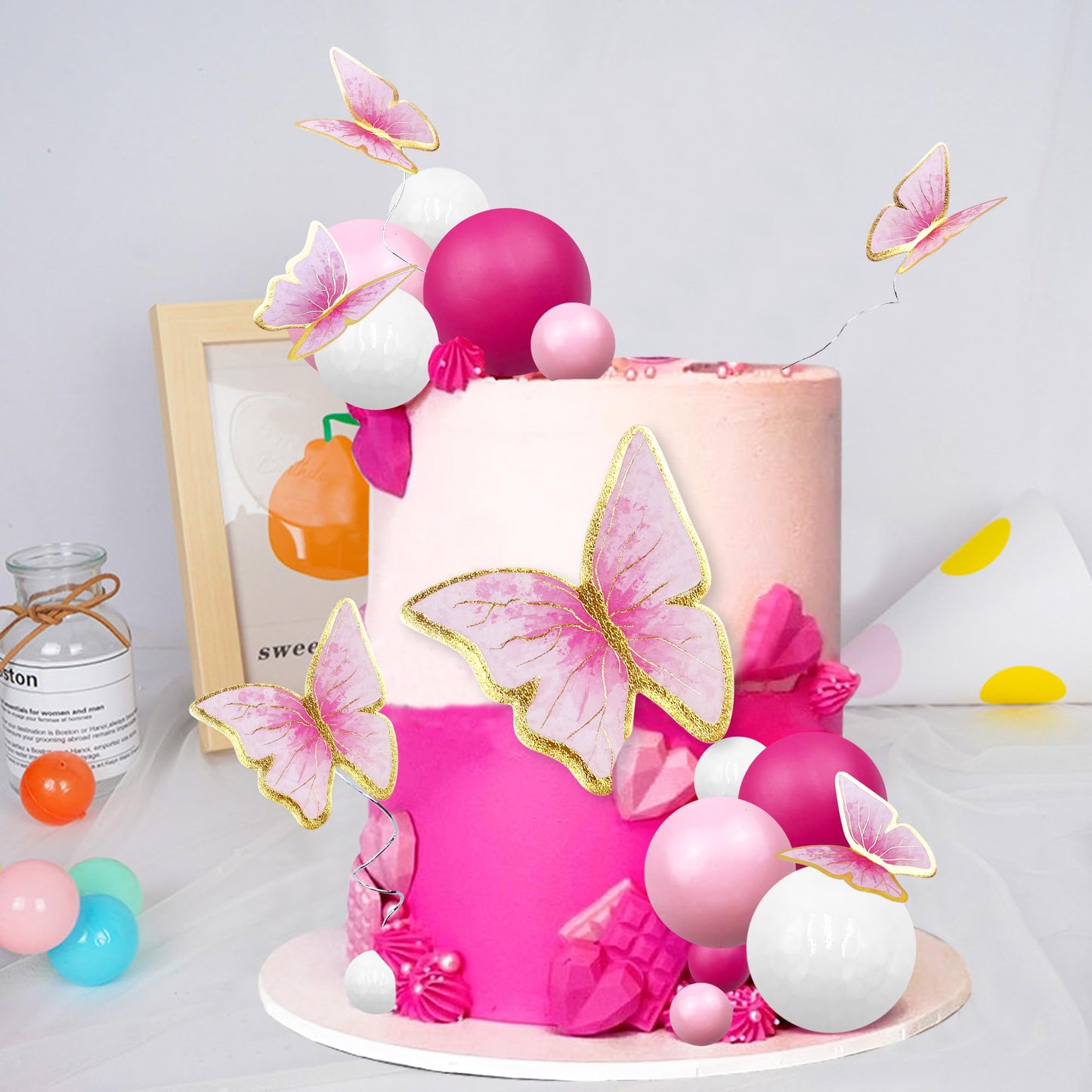 27 Pcs Hot Pink Girl Cake Toppers Pink Ball Cake Decoration Butterfly Cake Decoration Girl Theme Cake Decoration For Wedding Bir