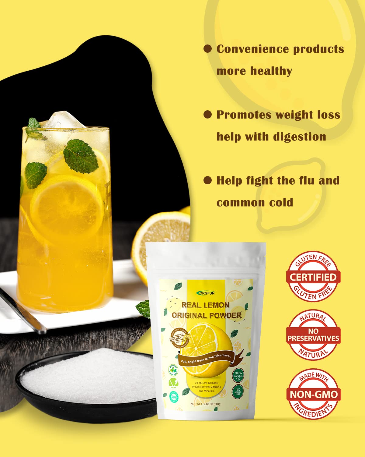 ORGFUN Original Lemon Powder, Freeze Dried Lemon Juice Powder, Great for Beverages, Smoothies, Baking 7.06 Oz