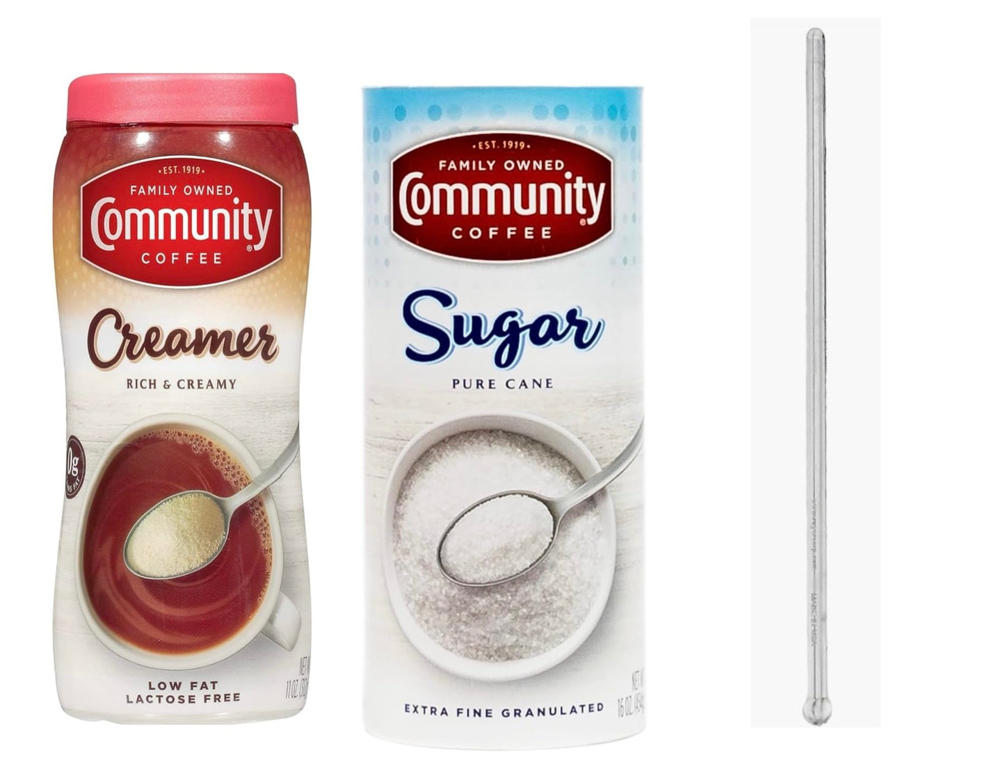 generic Coffee Creamer and Sugar Pack, (1) 11 oz Creamer and (1) 16oz Sugar, also Includes Cutiepie Clear Reusable Coffee Stirre
