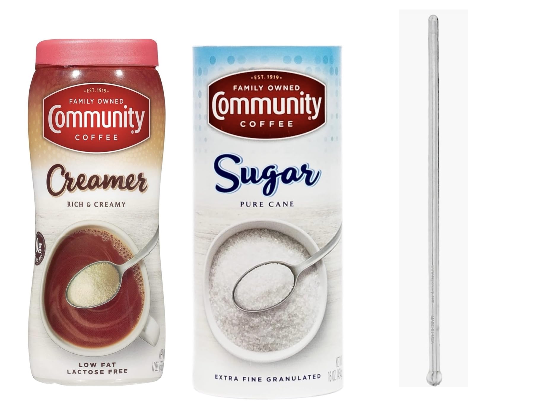 generic Coffee Creamer and Sugar Pack, (1) 11 oz Creamer and (1) 16oz Sugar, also Includes Cutiepie Clear Reusable Coffee Stirre