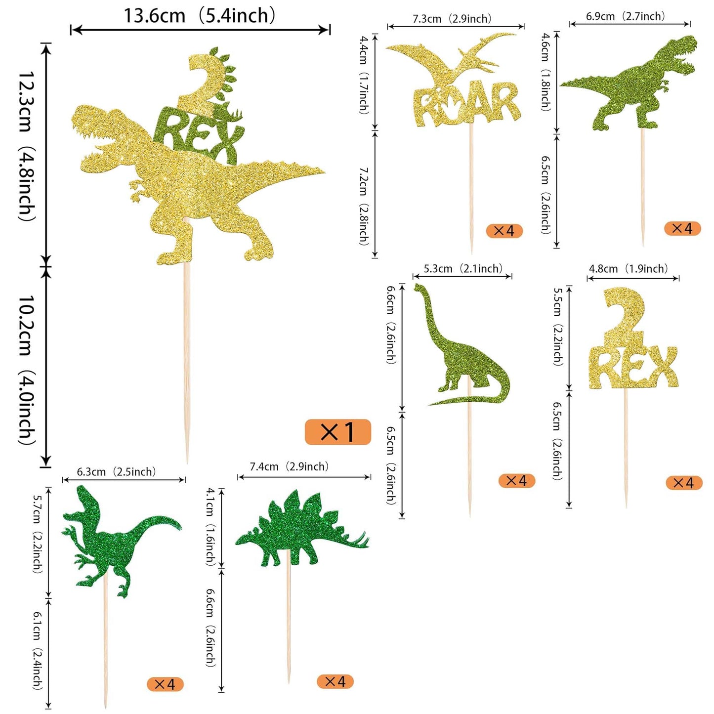 YCTHUNFISH Dinosaur Cupcake Toppers, 25 Pack, Glitter, Gold, Paper, Dino Theme for Birthday Party Decorations