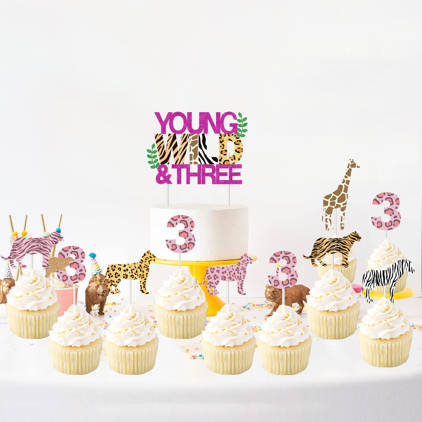 Young Wild And Three Birthday Decorations For Girl - 31Pcs Young Wild & Three Cake Topper, Animal Print Cupcake Toppers, Jungle