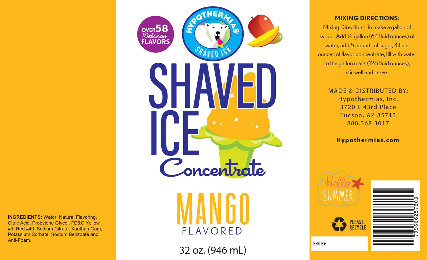 Hypothermias Mango Shaved Ice and Snow Cone Syrup Concentrate - 32 Fl Oz (Makes 8 Gallons) - Unsweetened