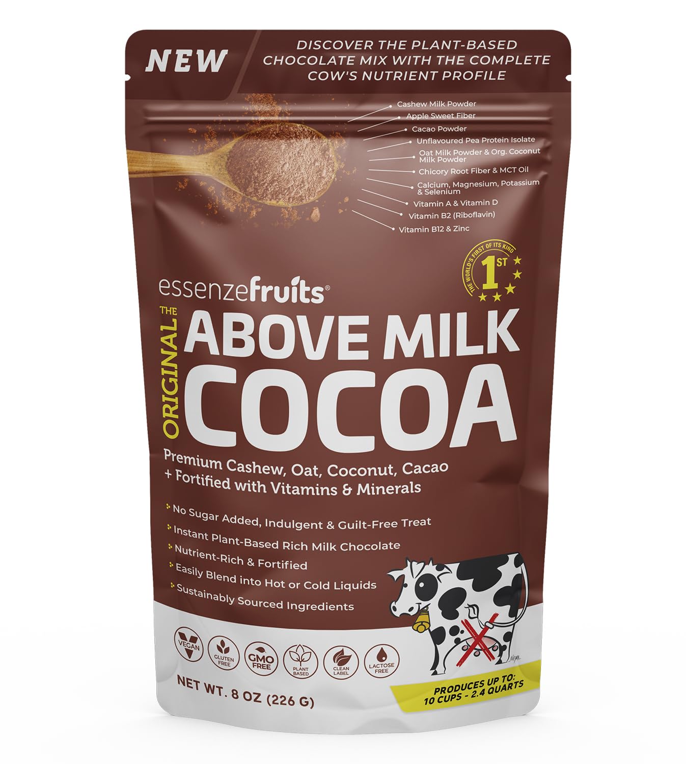 Essenzefruits Cocoa Powder Mix & Creamer Drink, 8 oz (226 g) | Non-GMO Vegan Milk Powder - 100% Nutritional Match to Cow's Milk