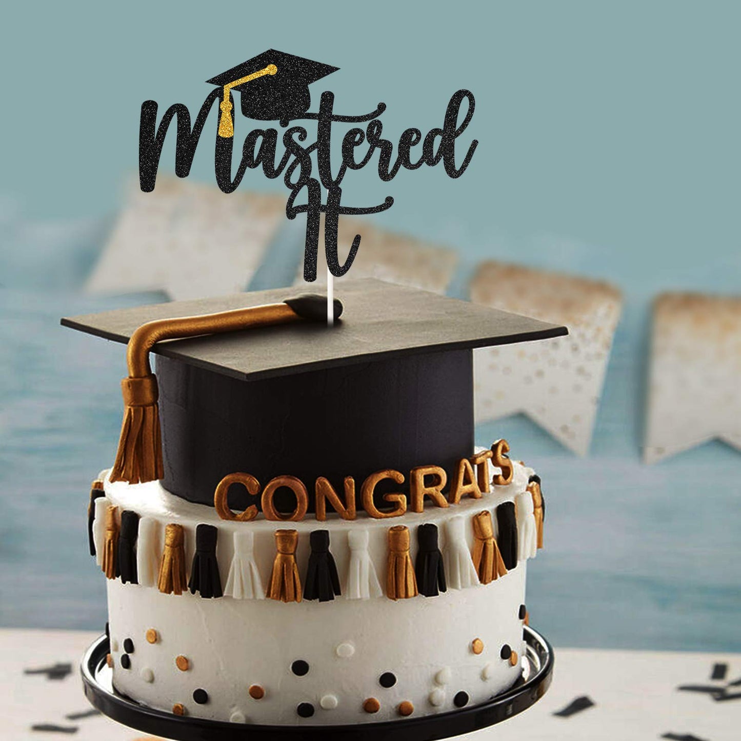Black Glitter Mastered It Cake Topper,College Grad,Congratulations Mba Graduation Party Decorations Supplies