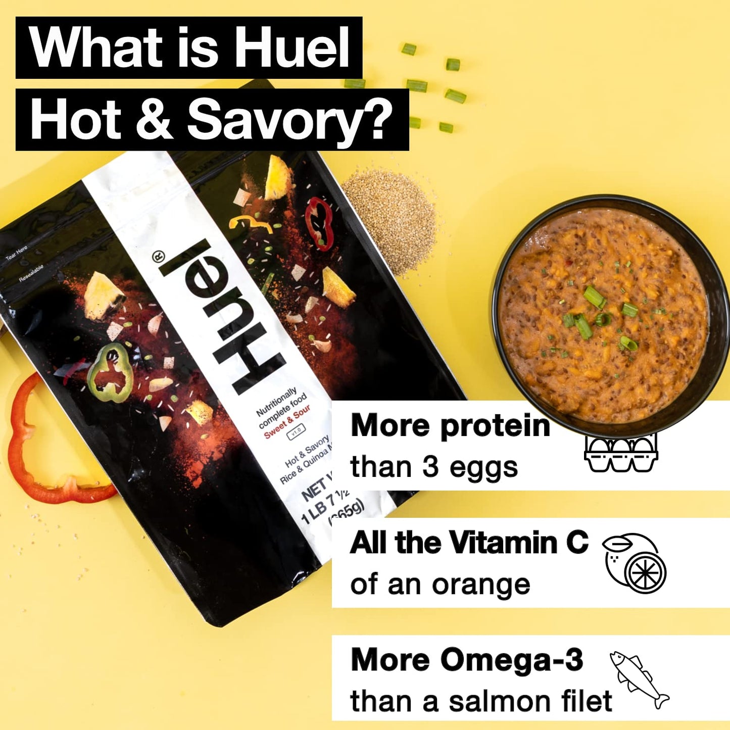 Huel Hot and Savory Instant Meal Replacement - Sweet and Sour - 1.46 lb - 24g Protein, 14g Fiber, 27 Vitamins and Minerals