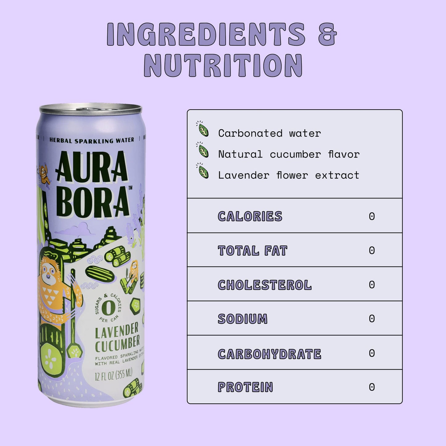 Aura Bora, Lavender Cucumber Herbal Sparkling Water, 12 oz Can (Pack of 12), 0 Calories, 0 Sugar, 0 Sodium, Non-GMO