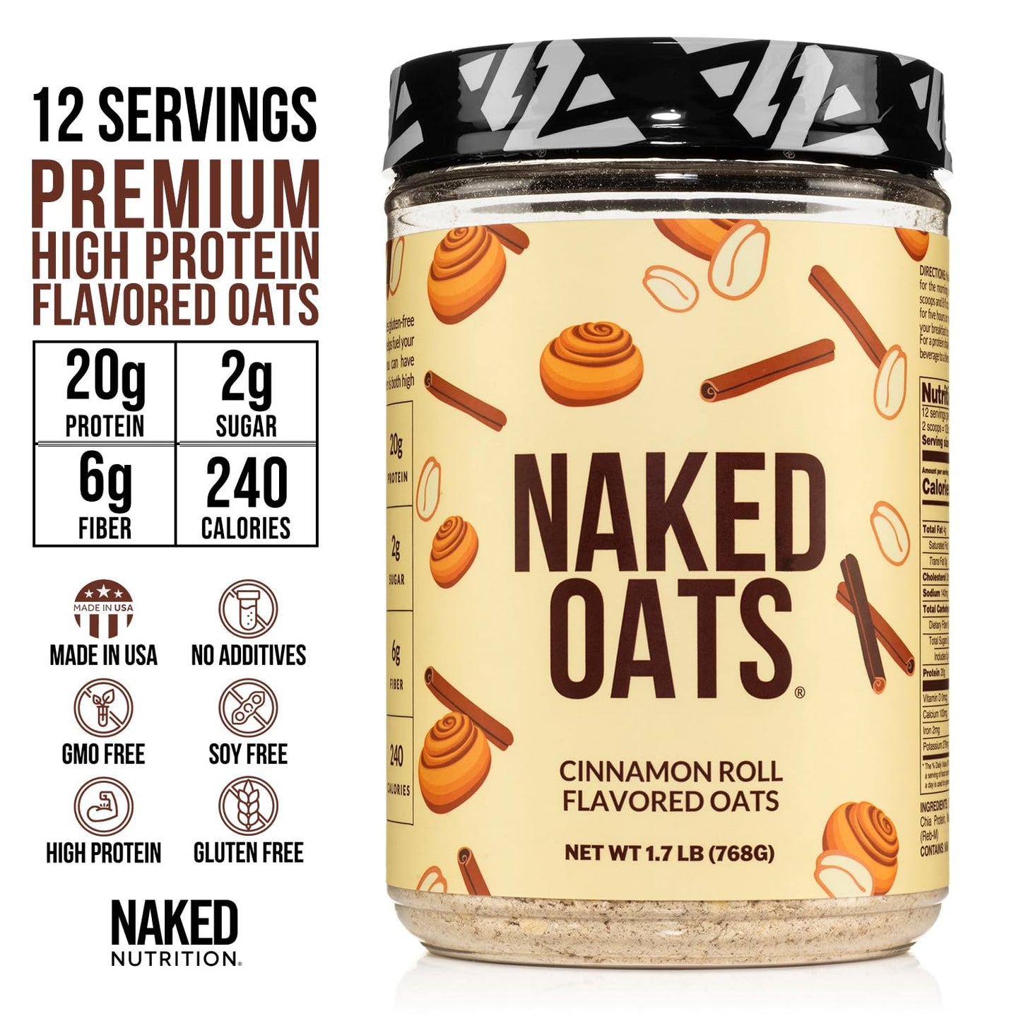 Naked Oats - Cinnamon Overnight Oats, 20G Whey Protein, Gluten-Free Oatmeal Instant Breakfast Or Shake, High Protein Oatmeal, Hi