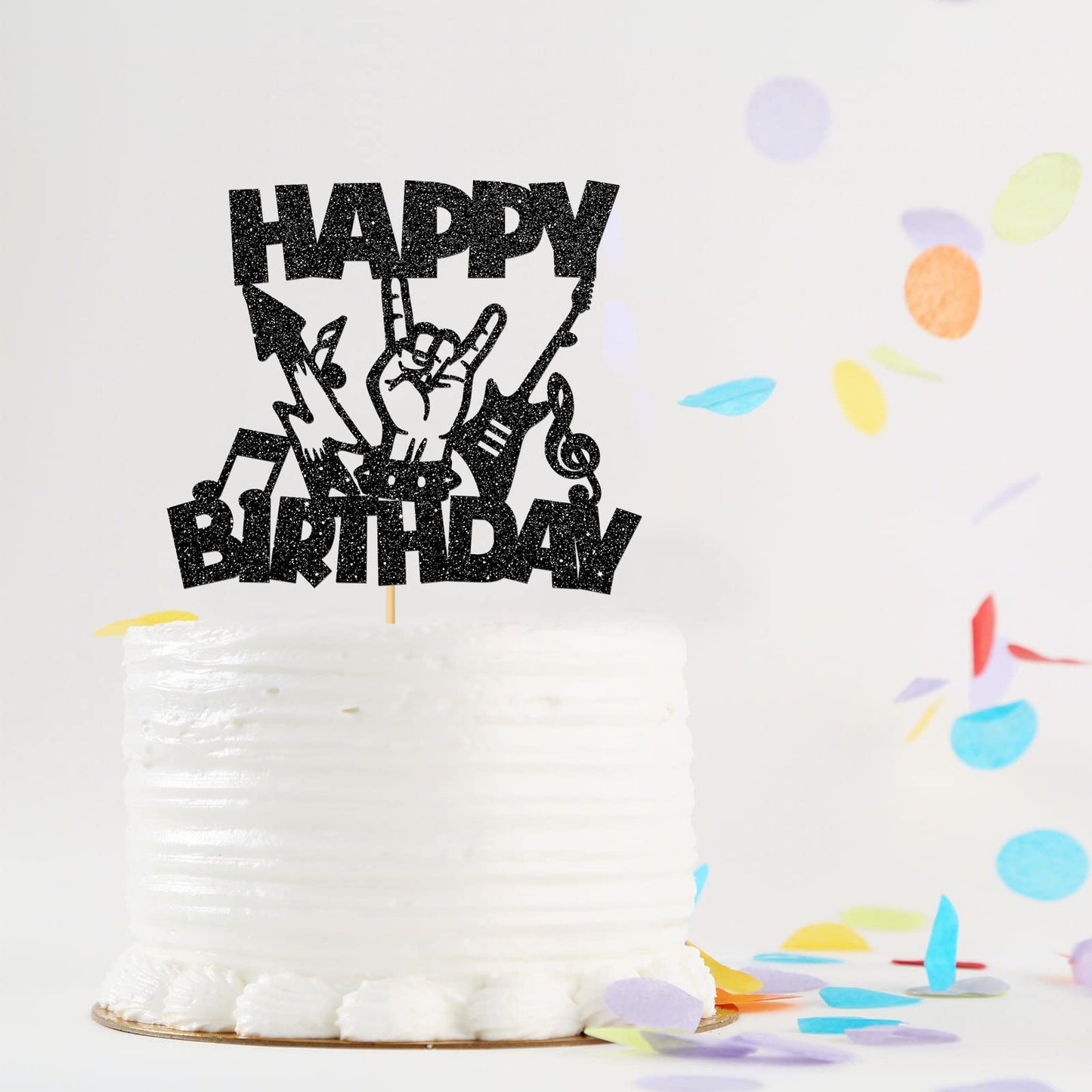 Monmon & Craft Rock Music Happy Birthday Cake Topper/Rock'N'Roll Theme/Musical Entertainment Birthday Party Decorations - Black