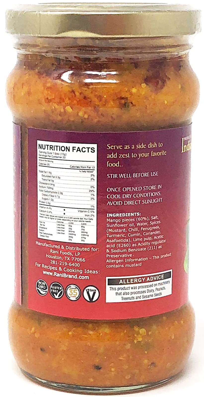 Rani Mango Pickle Mild (Achar, Indian Relish) 10.5Oz (300G) Glass Jar ~ Vegan | Gluten Free | Non-Gmo | No Colors | Popular Indian Condiment, Indian Origin